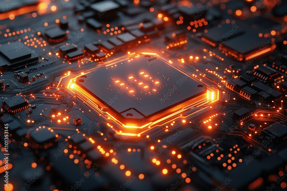 Poster exploring the intricate design of a glowing computer circuit board in a futuristic setting