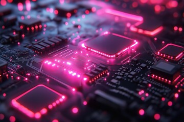 Obraz premium Innovative circuit board design featuring vibrant pink lights and intricate components