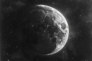 Fototapeta premium A grayscale drawing shows the moon in space with stars