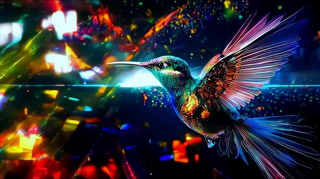 Big data visualization. Flight of a digital humming bird in neon colors. Information aesthetic design. Generative AI