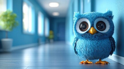 Cute Blue Furry Owl Cartoon Character with Big Eyes in Abstract Studio Background