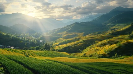 Fototapeta premium Golden Rice Terraces Basking in Sunset Light