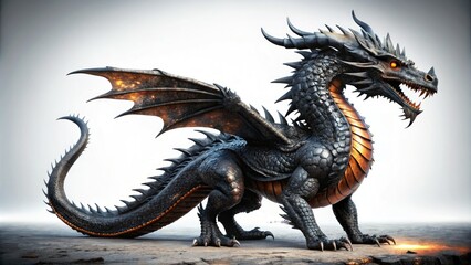 Obraz premium Black Dragon Isolated, White Background, Urban Exploration Photography, Dark Fantasy, Gothic Dragon