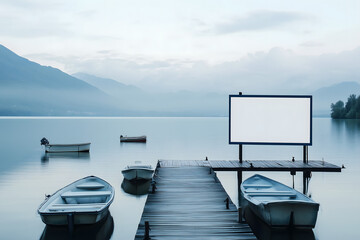 Obraz premium Serene Lake with Blank Billboard and Boats at Dawn