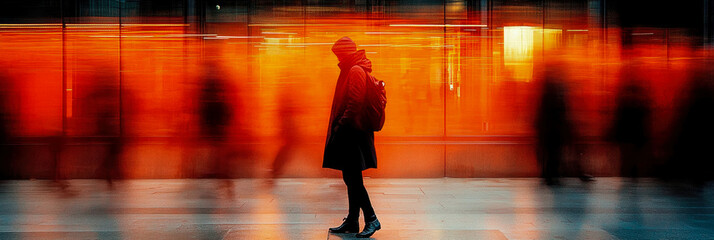 A solitary person dressed in dark clothing stands still as the bustling crowd moves around, creating a dramatic contrast with vibrant colors
