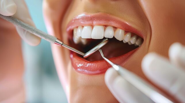 photograph of Close up of a beautiful woman's mouth with white teeth. A dentist is using a mirror and tools to check her mouth for cavities