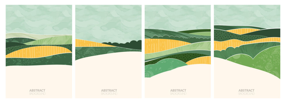 Abstract vector illustration of sustainable farm landscape, with wheat, rice, soybean field, terrace, vineyard. Geometric pattern blend nature and agriculture, scenic aerial view. Green nature collage