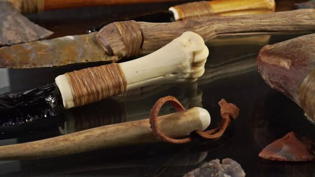 Steinzeit Werkzeuge und Messer auf schwarzem Hintergrund