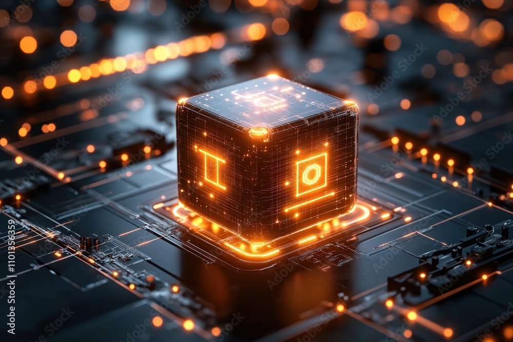 Poster digital cube illuminated in circuitry design showcasing advanced technology and ai concepts