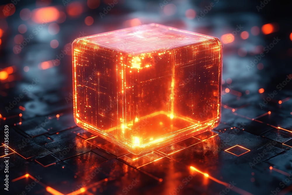 Poster high-tech glowing cube with digital patterns illuminating a futuristic background space
