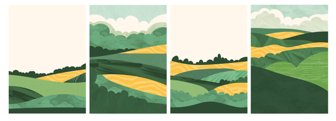 Abstract illustration of vintage Italian vineyard in Tuscany, with green fields, wavy hills, rural village. Eco-friendly, organic farm pattern creates a scenic, idyllic landscape watercolor background