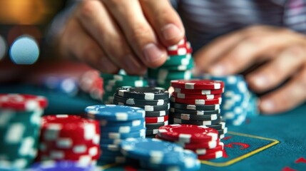 Fototapeta premium photograph of closeup of mans hands holding poker chips at casino table gambling concept illustration