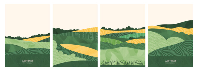Abstract geometric illustration of sustainable farm landscape with rice, wheat, vineyard, potato, bean. Green terrace field, rural backdrop, eco-friendly design, modern watercolor pattern, agriculture