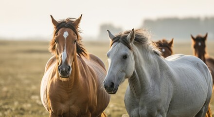 Obraz premium Herd of brown and white horses galloping in open field at sunset