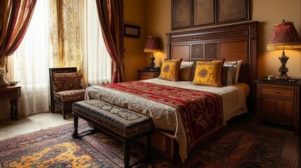 Fototapeta premium Luxurious Bedroom Interior Design with Rich Colors and Patterns