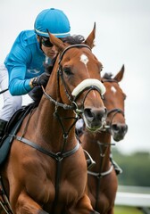 Intense horse racing scene with jockeys in blue silks at full gallop