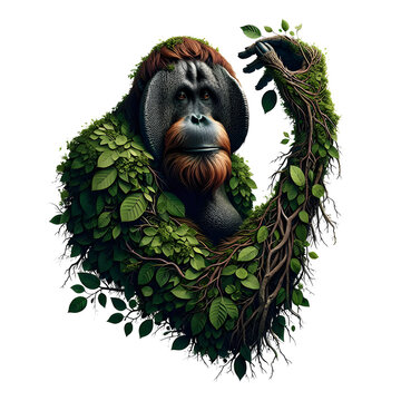 Orangutan Illustration with Green Leaves and Vines