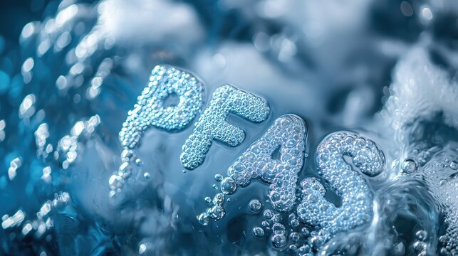 3D bubbly letters PFAS on blue liquid surface representing water pollution