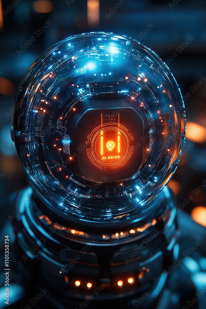 Poster futuristic ai orb with glowing interface in a high-tech environment