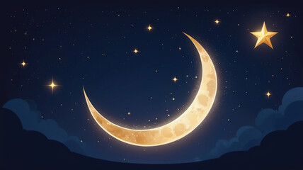 Fototapeta premium A glittering crescent moon and stars against a dark blue night sky, creating a magical and celestial atmosphere.