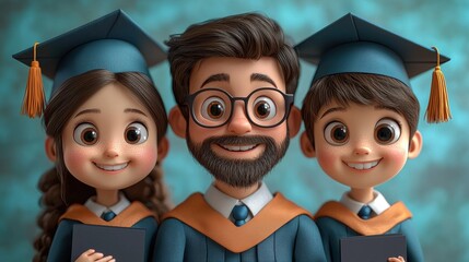 Obraz premium Family Graduation: A heartwarming illustration of a family celebrating their graduation, with a proud father and two children in graduation caps and gowns. The image conveys joy, accomplishment.