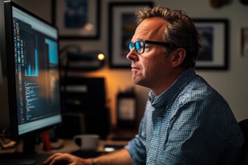 A focused programmer immersed in coding. The glow of the screen reflects on his glasses. Creativity and technology merge in this digital workspace. Generative AI.