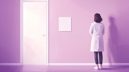 Fototapeta premium Woman in Lab Coat Facing Door Purple Room Minimalist