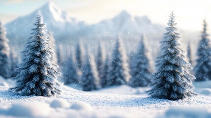 Obraz premium A charming winter forest scene featuring snow-covered pine trees and delicate falling snowflakes under soft daylight. .