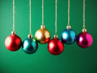 Colorful Christmas ornaments hanging on string against a green background, capturing a festive holiday atmosphere