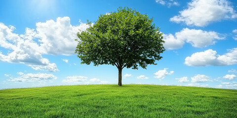 Fototapeta premium single tree stands majestically in open field, surrounded by lush green grass under bright blue sky with fluffy white clouds. scene evokes sense of tranquility and nature beauty