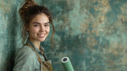 The woman stands confidently with a paint roller, smiling as she adds vibrant colors to the textured wall of her bright studio, reflecting her artistic flair.