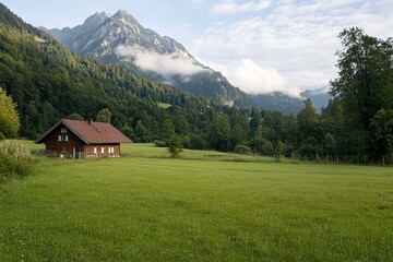 Fototapeta premium Charming wooden house in a green meadow surrounded by majestic mountains during daytime
