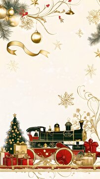 Christmas steam train with festive golden decorations, gifts, pine branches, and sparkling snowflakes on an elegant winter background, vertical format
