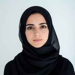 Naklejka premium Woman in a hijab, head held high, eyes filled with strength, against a pure white background, representing cultural pride and resilience
