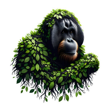 Orangutan Illustration with Green Leaves and Vines