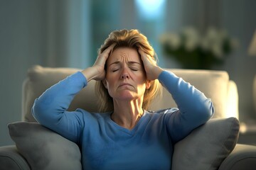 Woman over 40 years old appears troubled as she sits on a comfortable couch in a softly lit living room. She holds her head in her hands, suggesting stress or anxiety