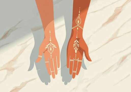 Elegant henna patterns on two female hands against marble surface