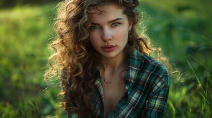 Beautiful girl with beautiful curly hair, slim with curves on blurred outdoor background,