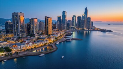 Obraz premium Generative AI, Coastal Cityscape at Sunset with Glass Skyscrapers and Ocean Views