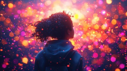 Girl Dreaming of a Bright Future: A young girl with curly hair stands silhouetted against a vibrant, colorful bokeh background, her gaze directed upwards, suggesting dreams, hopes, and aspirations.  