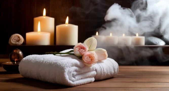 luxurious spa background with candles, rolled towels and flowers, serene atmosphere, banner for beauty salons, wellness centers, spa template