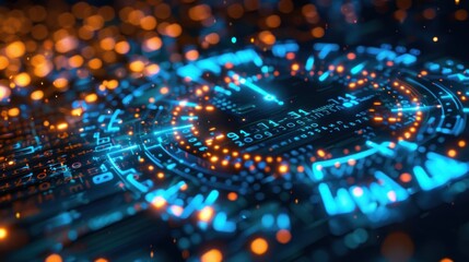 A digital circuit design with glowing elements, representing technology and innovation.