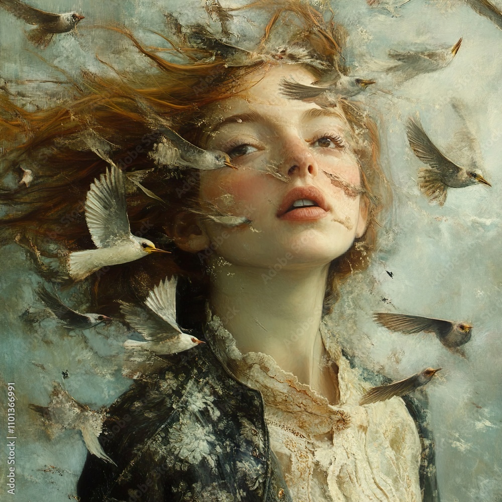 Poster Surreal Portrait of a Woman with Birds in Her Hair