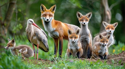 Naklejka premium photograph of Group of many animals from european fauna park and garden, red fox, stork