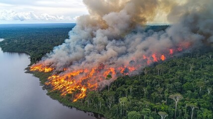 Rainforest Fire Aerial View Showing Extensive Burning