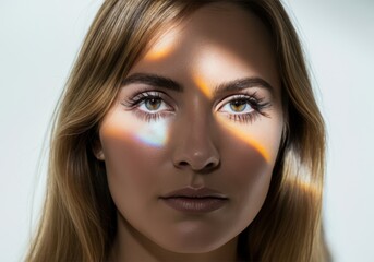 Female with rainbow light on face, young caucasian woman in artistic portrait