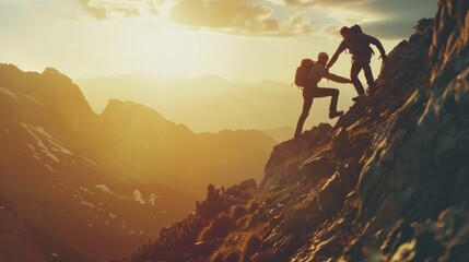 photograph of Help and assistance concept. Silhouettes of two people climbing on mountain and helping.