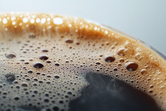 Close-up view of rich coffee with foam in a glass cup reflecting morning light