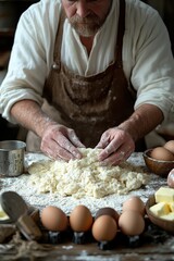 Fototapeta premium Baker skillfully rolls out dough on a floured surface with ingredients displayed for a rustic home baking experience