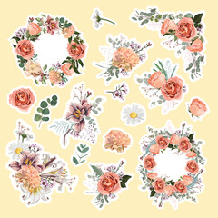Set of roses and spring flowers elements. Set of stickers, pins, patches and handwritten notes collection stikers kit.